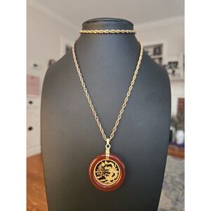 Carnelian Asian Dragon Pendant Necklace Vintage Goldtone